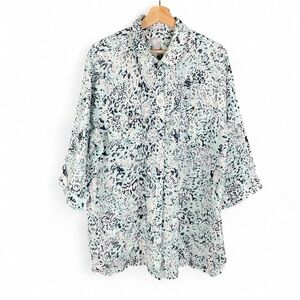 Chico’s Size 20 Linen No-Iron Collared Button Tunic Blouse Coastal Boho Artsy